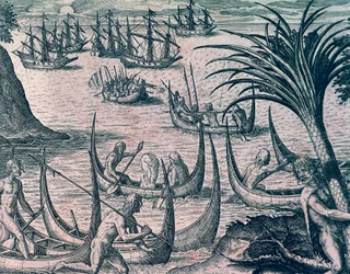 Holländska fartyg i Magellansundet, gravyr från amerikansk historia av Theodore de Bry (1528-1598), Frankfurt