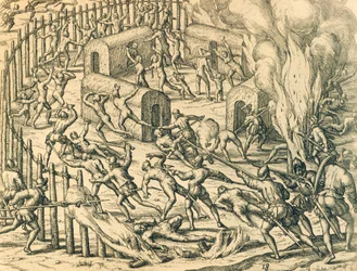 Europeiska erövrare attackerar en indisk by, Illustration från amerikansk historia av Theodore de Bry