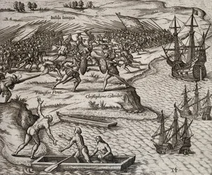 Slagsmål mellan Christopher Columbus och Francesco Poresio på Jamaica, gravyr av Theodor de Bry (1528-1598)