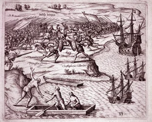 Christopher Columbus fjärde resa på ön Jamaica 1503 (gravyr