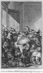 Francisco Pizarro mördad av en armé av konspiratörer, 1541