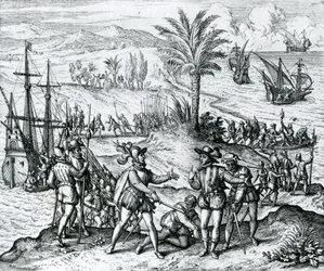 Francisco de Bobadilla anländer som guvernör och arresterar Christofer Columbus (1451-1506) på Hispaniola, 1500, 1590