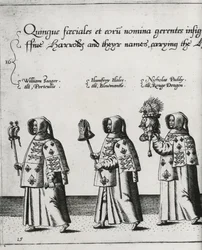 Härolder i Sir Philip Sidneys begravningskort på väg till St. Pauls Cathedral, 1587