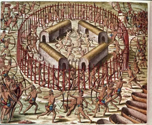 Amerikas historia: "" An Indian Village of Virginia"" Gravyr från "" Admirable Narratio Americae"" av Theodore de Bry (1528-1598)