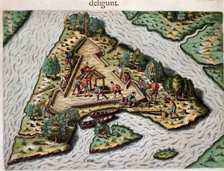Amerikas historia: "" Byggandet av ett triangulärt fort av Jean Ribaults (eller Ribauds) franska arméer nära St. John River i Florida"" Gravyr från "" Admirante Narratio Americae"" (Historia om Amerika) av Theodore de Bry ( 1528-1598)