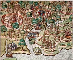 Amerikas historia: "" Beskrivning av metoder för belägring och attack, indianer som kämpar mot spanska arméer"" Recit av Hans Stadens fångenskap, tysk upptäcktsresande som reste med de spanska flottorna till Brasilien, tillfångatagen av Tupinamba-indianern