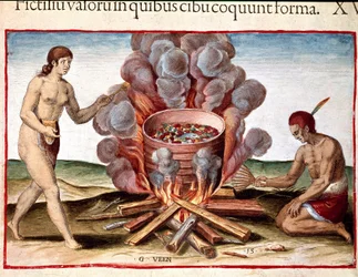 History of America: "Indian Cooking Fish" Gravyr från "The Admirable Narrative of America" ​​av Theodore de Bry (1528-1598)