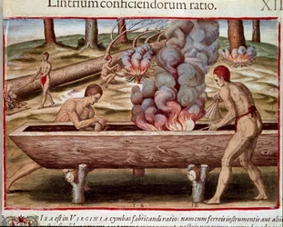 Amerikas historia: "Indianer som bygger båtar"" Gravyr från "Admirante Narratio Americae" av Theodore de Bry (1528-1598)