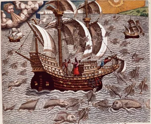 Amerikas historia: "" Resan av spanska karaveller omgiven av flygande fiskar"" Recit av Hans Stadens resor, tysk upptäcktsresande som reste med de spanska flottorna till Brasilien, tillfångatagen av Tupinamba-indianerna. Gravyr från "Americae tertia pars m