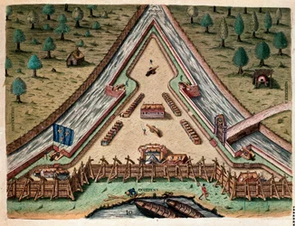Amerikas historia: "Life of Fort Carolina, Bastion of Carolina" "Gravering från "Admirante Narratio Americae"" av Theodore de Bry (1528-1598) efter en teckning av Jacques le Moyne (de Morgues) (1533-1588)
