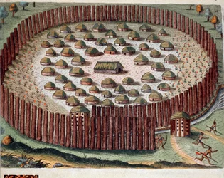 Amerikas historia: "" Representation av en indisk by befäst i Florida"" Gravyr från "" Admirante Narratio Americae"" av Theodore de Bry (1528-1598)