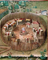 Amerikas historia: "" Representation av den befästa staden Pomeiock eller Pomeiooc i Virginia 1585""" Gravyr från "" Admirante Narratio Americae""" av Theodore de Bry (1528-1598)