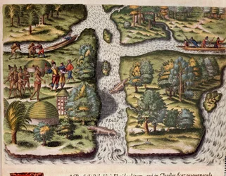 Amerikas historia: "" Fransmännen från expeditionen av Jean Ribault (eller Ribaut) bosatta i Charlesfort (Fort Carolina) tillhandahåller mat till Florida-indianerna, alligatorer är representerade i floderna""" Gravyr från "Admirante Narratio Americae"" ( H