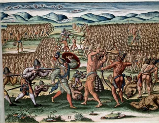 Amerikas historia: "" Soldaterna från Chief Outina (eller Olata Utina) som kämpar, med franskan från Jean Ribaults expedition (eller Ribaut), fiendens stammar i Potanou""" Gravyr från "Admirante Narratio Americae"" (Historia) ). of the Americas) av Theodor