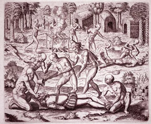 History of America: beskrivning av tortyrerna som indianerna tillfogade spanska bosättare, hällde guld i munnen och skar deras medlemmar för att äta dem (Gravering)
