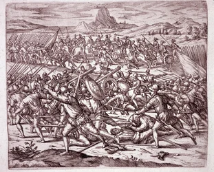 Historia om Amerika: slagsmål mellan arméerna Vaca de Castro och Almagro junior efter Francisco Pizarros och Diego de Almagros död (gravyr