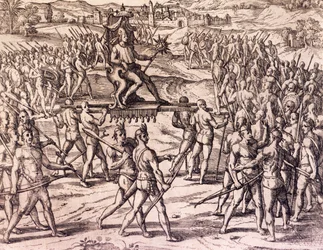 Inkakejsaren Atahualpa besegrad av Francisco Pizarros (1475-omkring 1541) spanska trupper, Peru, gravyr ur Amerikansk historia av Theodore de Bry (1528-1598), Frankfurt