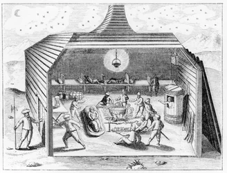Inuti Barents hus på Novaja Zemlja, ur "The Voyage of the Vega round Asia and Europe" av A.E. Nordenskiold, publicerad 1881.