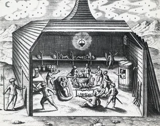 Interiör av William Barents (ca 1550-1597) vinterhem i den ryska skärgården Novaja Zemlja, av Theodor de Bry (1528-1598), gravyr