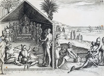 Kung som tar emot europeiska besökare, Cape Lopez, Gabon, gravyr från India orientalis av Theodor de Bry (1528-1598), Afrika