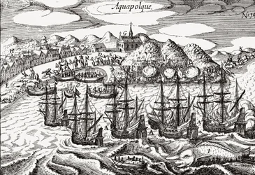 Mexiko, utsikt över Acapulco - Mexiko (Aquapolque), Theodore de Bry, ca. 1630. Tidig bild av den koloniala bosättningen i Acapulco, som spanjorerna använde som huvudhamn för sin Stillahavshandel med Filippinerna. Hamnen är fylld med galjoner och ett lar