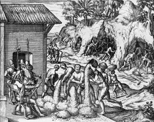 Utvinning av mineraler i Central- och Sydamerika, gravyr från Americae pars V, av Theodor de Bry (1561-1623).