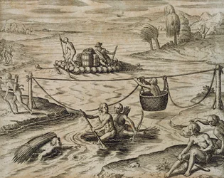 Native American Indians Going Down River Rapids, av Theodore de Bry