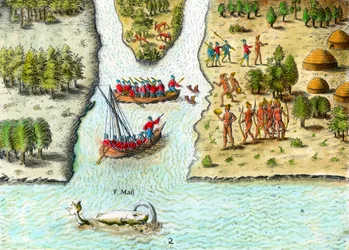 Fransmännens navigering i Sydamerika på 1500-talet”. En val är representerad. Gravyr från "History of America" av Theodore De Bry (1528-1598) 1500-tals privatsamling