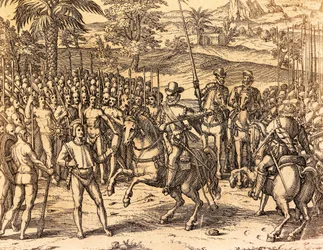 Pizarro som välkomnas av de infödda, Illustration från amerikansk historia av Theodore de Bry