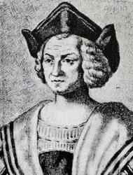 Porträtt av Christopher Columbus (1451-1506), gravyr av Theodore de Bry (1528-1598)