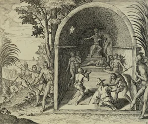 Portugisiska sjöfarare som anländer till Etiopien, Illustration från Ostindien av Antonio Pigafetta, av Theodore de Bry
