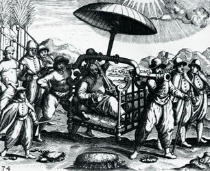 Portugiser i Indien, transporterade på strö, gravyr från Peregrinationes, av Theodor de Bry (1528-1598), Indien