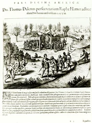 Ralph Hamor besöker Powhatan, 1619 (gravyr) (bw foto)