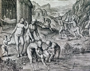 Läkemedel som används av infödda mot sjukdomar, gravyr från Historia America, av Theodor de Bry (1528-1598), Frankfurt