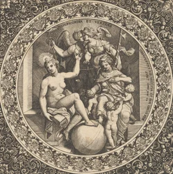 Scen med Misericordia och Veritas i en cirkel i centrum, 1580-1600.