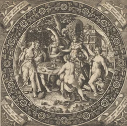 Scen med en kärleksfest i en cirkel i centrum, 1580-1600.