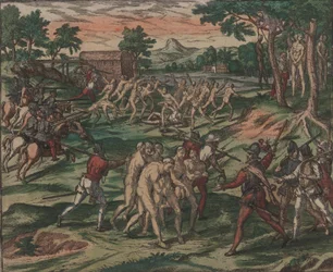 Slavar försöker övervinna sina spanska ägare, men fångas och hängs från träd, 1595.