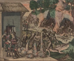 Slavar häller malm framför europeiska soldater. I bakgrunden arbetar slavar i gruvorna, 1595.