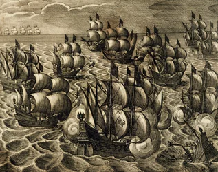 Spanska Armadas befäl över Rodrigo Mendoza, gravyr av Theodore de Bry (1528-1598) hämtad från History of America av Theodore de Bry, Spanien, 1602