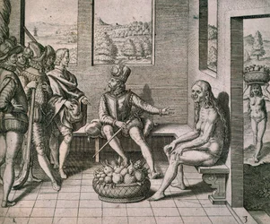 Spanska erövrare som möter infödda kvinnor i Amerika, av Theodore de Bry