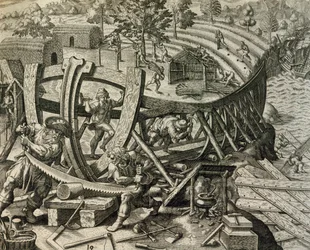 Spanska sjömän bygger karavel, gravyr från Historia Americae, av Theodor de Bry (1528-1598)