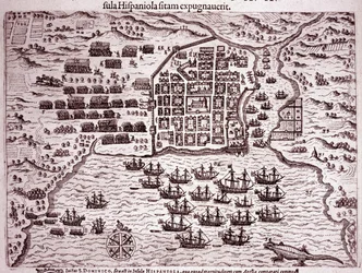 Francis Drake-flottan ockuperar ön Santo Domingo (gravyr