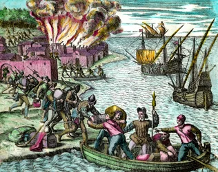 Fransmännen plundrar och bränner staden Chioreran Gravyr från "History of America"" av Theodore de Bry (1528-1598) Privatsamling från 1500-talet