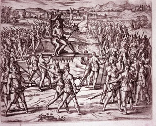 Inkakungen Atahualpa (eller Atabaliba), som håller en spira i form av en sol, bärs i en bärstol för att möta Francisco Pizarro