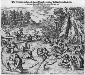 Spanjorerna misshandlar indianska kvinnor efter tillfångatagandet av kung Atahualpa (ca 1502-33) år 1532