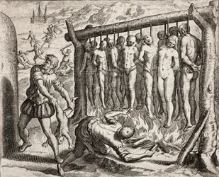 Tretton hängda och brända offer, skildring av brott som spanska nybyggare tillfogade indianer, ur «Narratio regionum indicarum per Hispanos quosdam devastatarum verissima» av Bartolomé de las Casas