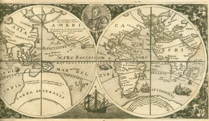 Titelsidan för Americae Pars VIII med ett porträtt av Francis Drake och hans skepp, den gyllene hinden, 1