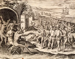 Välkomnande holländare, gravyr från verk India orientalis, av Theodor de Bry (1528-1598), Indonesien