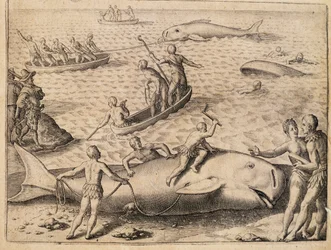 Valfångst nära Spetsbergen, gravyr av Theodor de Bry (1528-1598) från India Orientalis (Östra Indien)