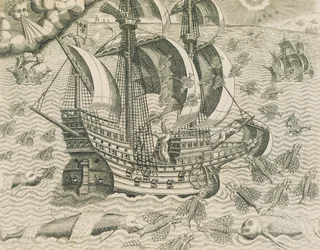 Bevingad fisk från Indiens hav, Illustration från amerikansk historia av Theodore de Bry
